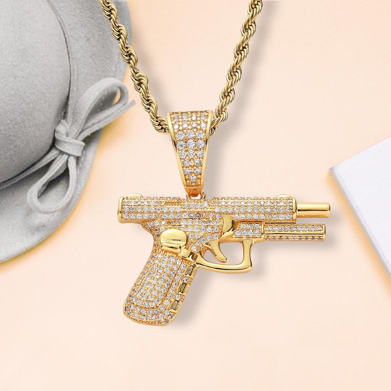 2026 New Fashion Hip Hop Crystal Pistol Pendant Personality Cool Rap Trend Pendant Necklace for Men Women Gift