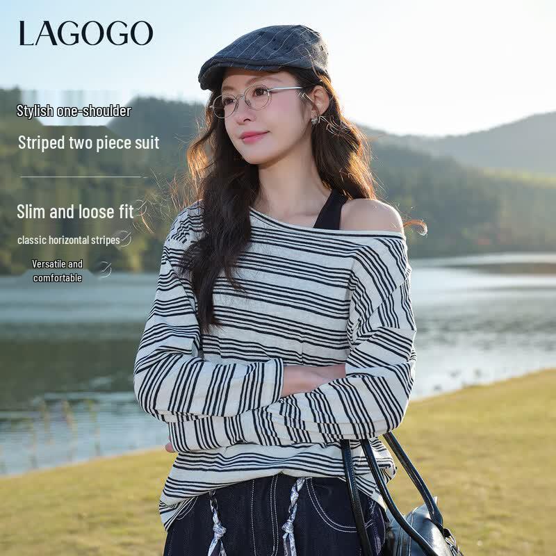 LAGOGO Women s Striped Off-Shoulder Two-Piece Set M