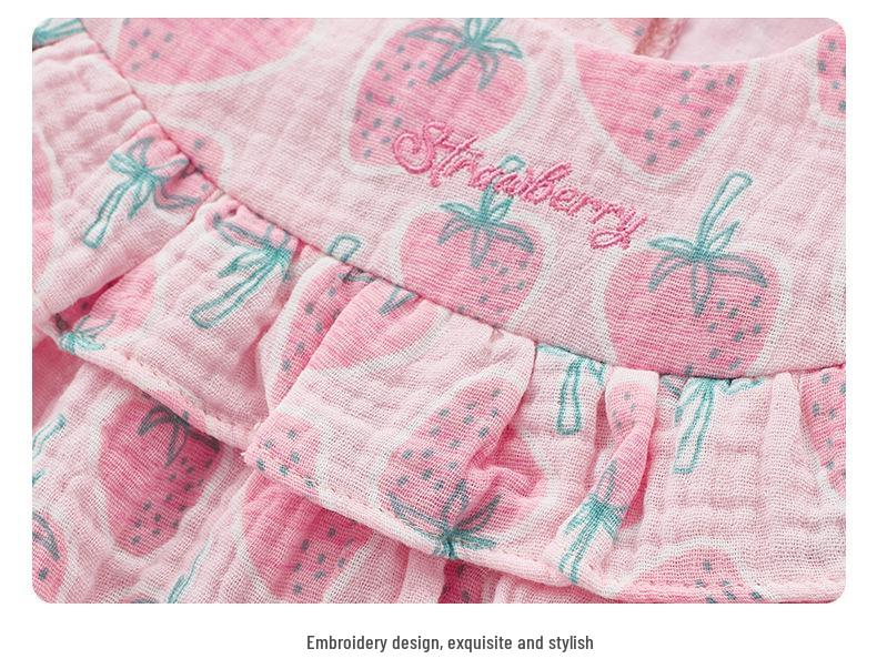 2025 Sommer Neugeborenes Erdbeer-Baumwoll-Strampelhöschen - Ärmellos, Spaghettiträger, Druckknopfverschluss im Schritt