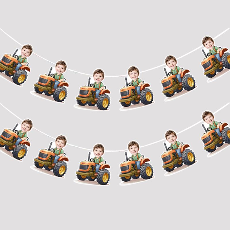 6Pcs/12pcs Birthday Customizable Portrait Digger Tractor Hard hat Pattern Banner Children Birthday Parties Cute Banner Decor