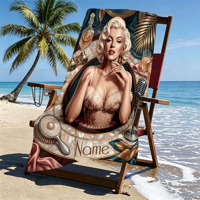 Custom Name Personalized Marilyn Monroe Print Beach Towel, for Trip Camping Beach Party Home Decor, Birthday Gift for Family & Friends