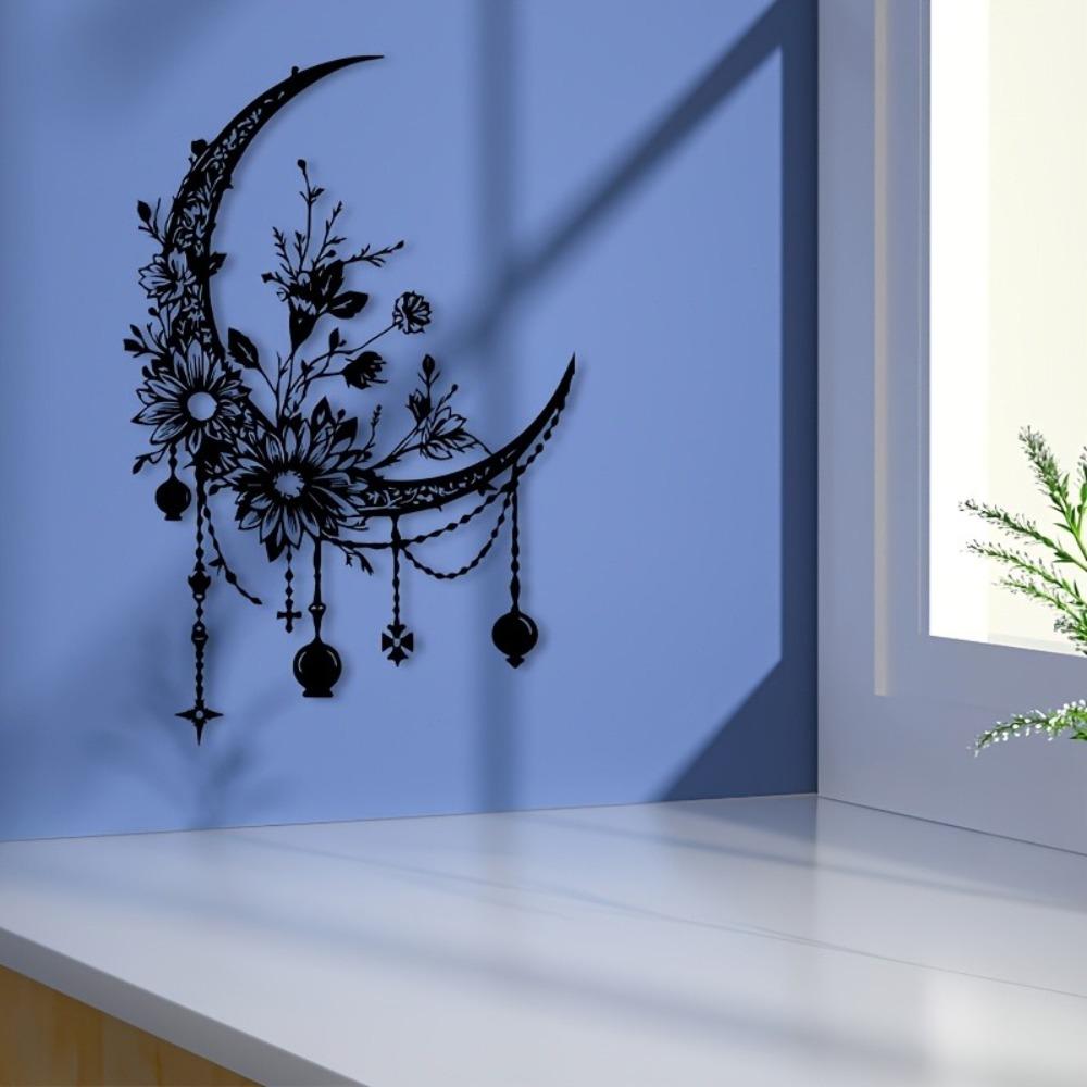 1pc Gothic Moon Flower Metal Wall Art Powder Coated Iron Mural Statue for Bedroom Halloween Decor Gift for Gothic Enthusiasts