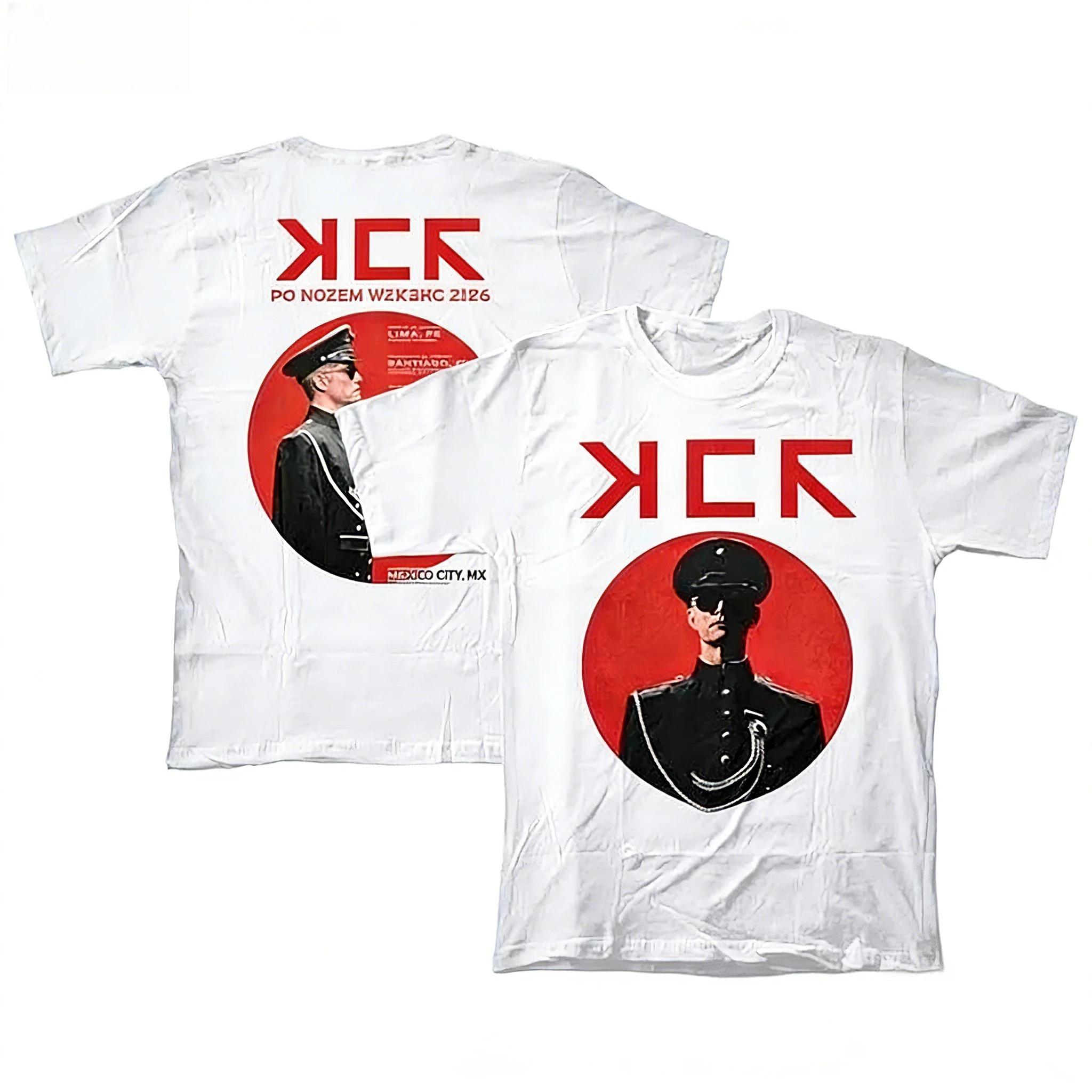 

White Double-Sided Streetwear T-Shirt with Bold Red Cyrillic Logo, Military Figure Print, and Mexico City Tour Text for Fans of Retro Urban Aesthetics 4XL