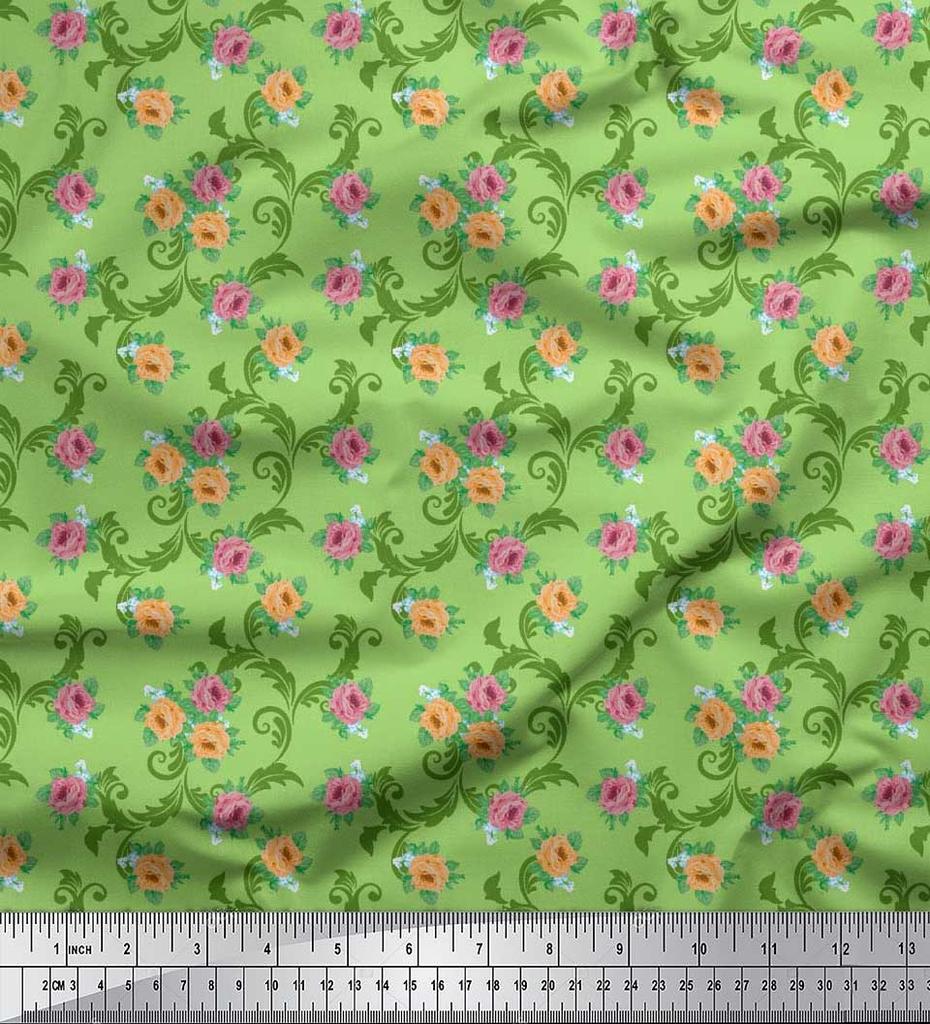 Soimoi Japan Crepe Satin Fabric Swirl,Leaves & Rose Floral Printed Fabric 1 Metre 42 Inch
