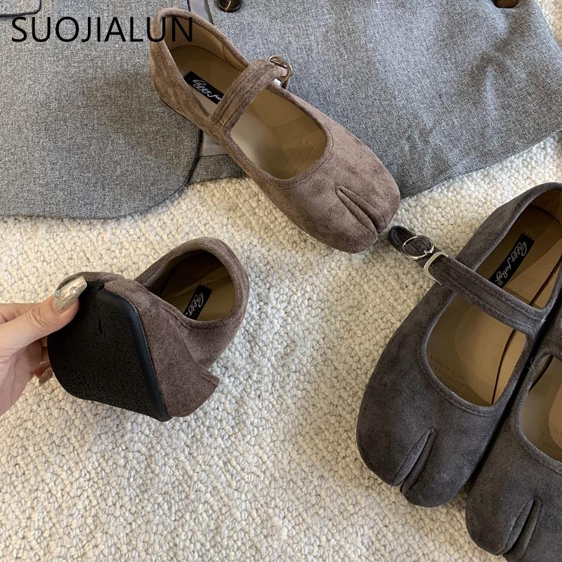 Fashion SUOJIALUN Autumn Women Flat Shoes Fashion Split Toe Slip On Loafer Shoes Flat Heel Soft Leather Casual Outdoor Shallow Ballerina