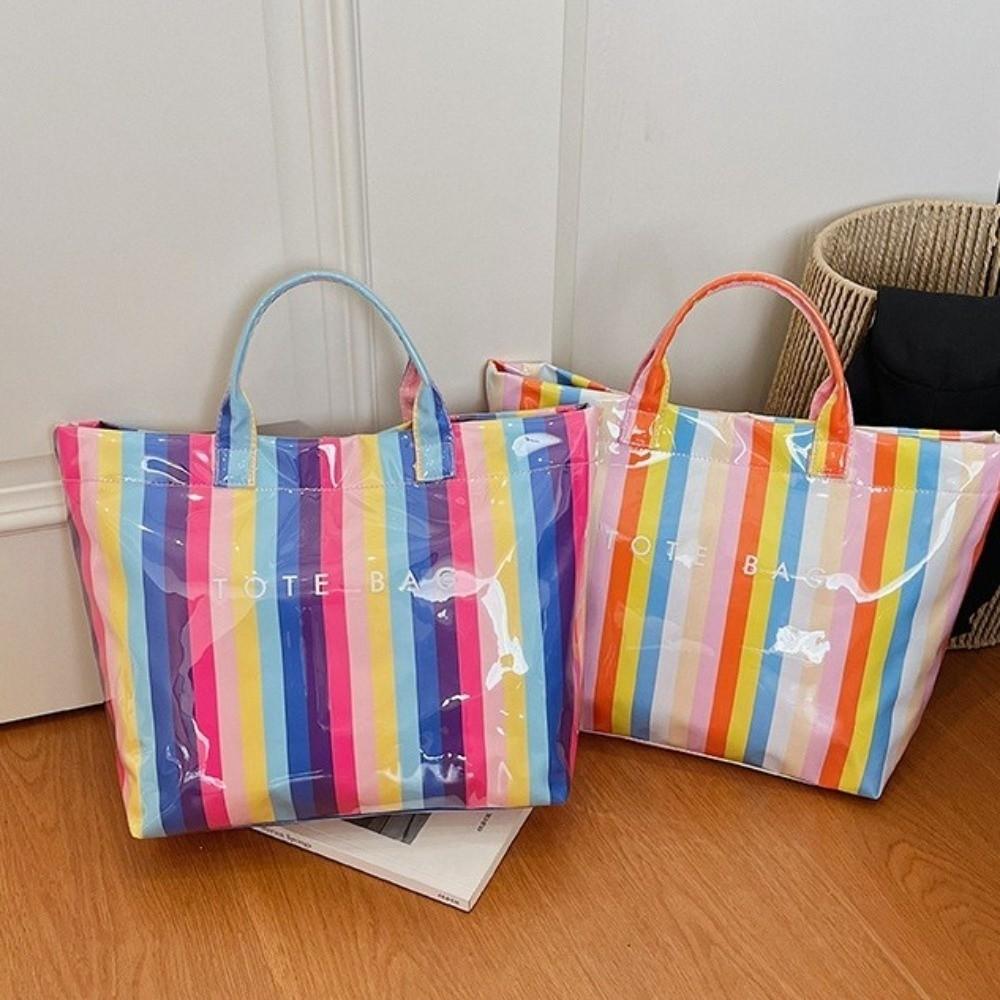 Large Capacity Striped Tote Bag Colorful Shoulder Bag Multi-Functional PVC Handbag Daily