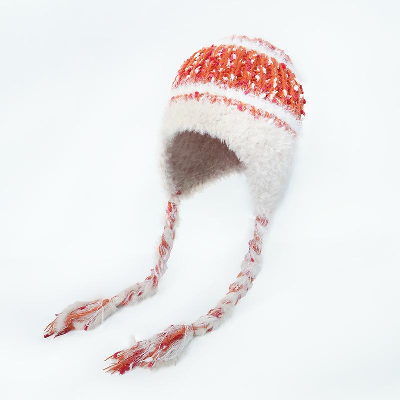 

Ethnic style small fragrant style striped splicing plush wool Lei Feng hat women s autumn and winter thickened warm braid ear protection hat tide M（55-58cm） бежевый