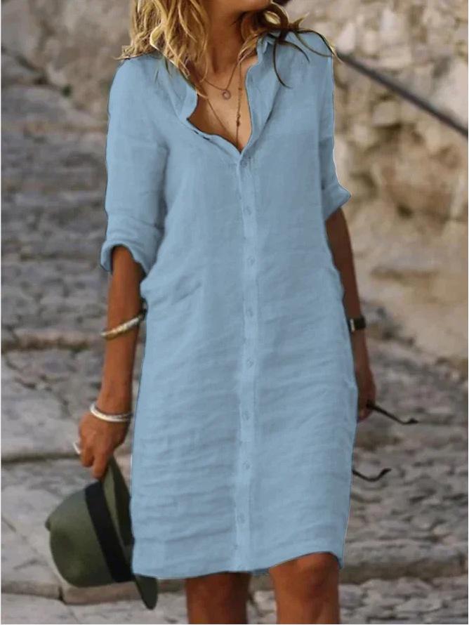Loose Lapel Button Mid-Sleeve Solid Color Cotton Linen Shirt Dress