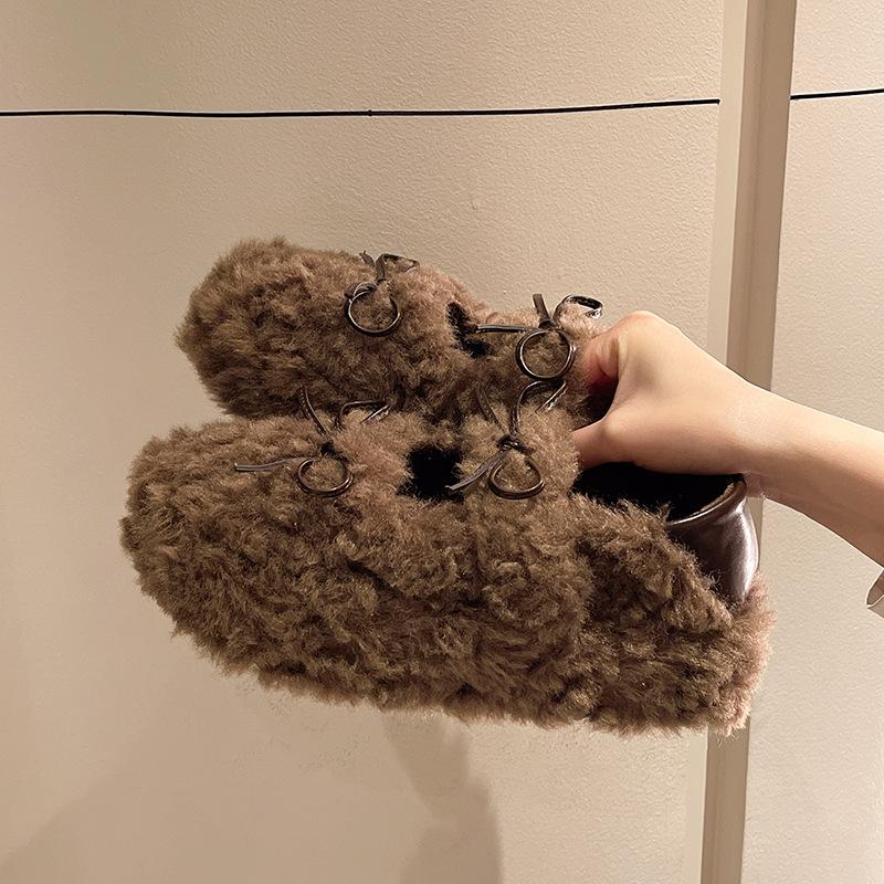 Internet Celebrity Bow Korean Version Ladyshoes High Sense Beautiful Hair Shoes Leopard Print 2025 New Velvet Bean Non-slip Cotton Shoes