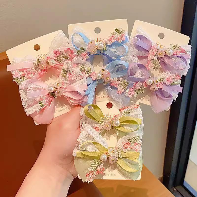 1Pair Cartoon Fashion Floral Embroidery Lace Pearl Bowknot Barrettes Cute Kid Princess Hair Clip Hair Accessories Girls Gifts