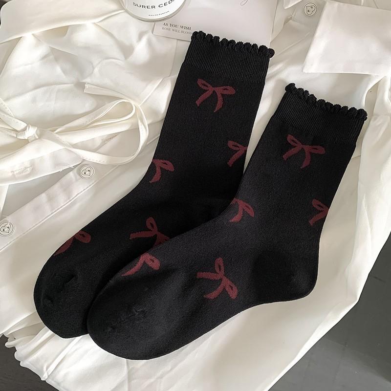 Socks Pure Cotton Medium Tube Socks Spring And Autumn Versatile Bow Love Ankola Red Cotton Stacking Socks Women