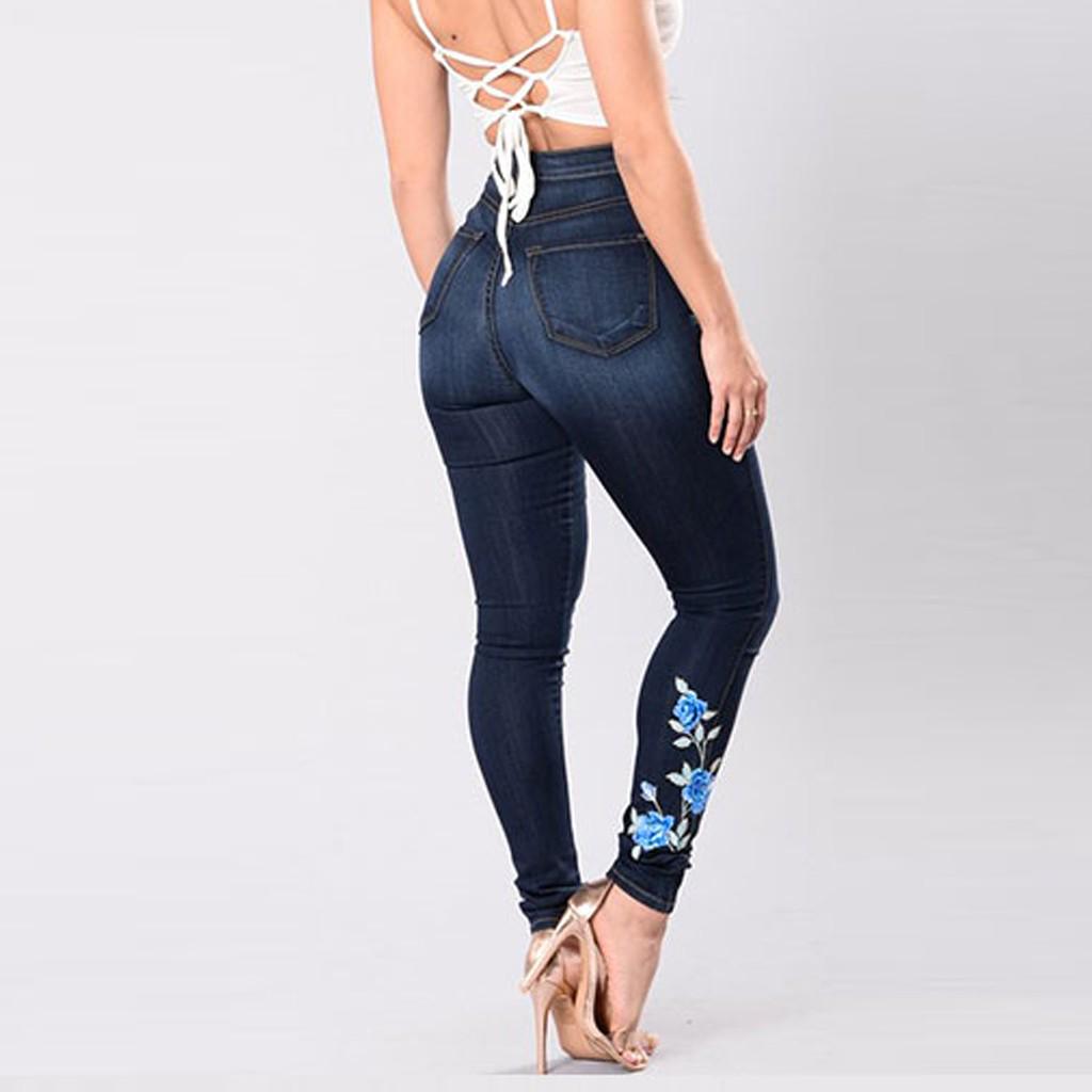 Ladies Embroidered With High Elasticity Straight Barrel And Tight Legs Jean