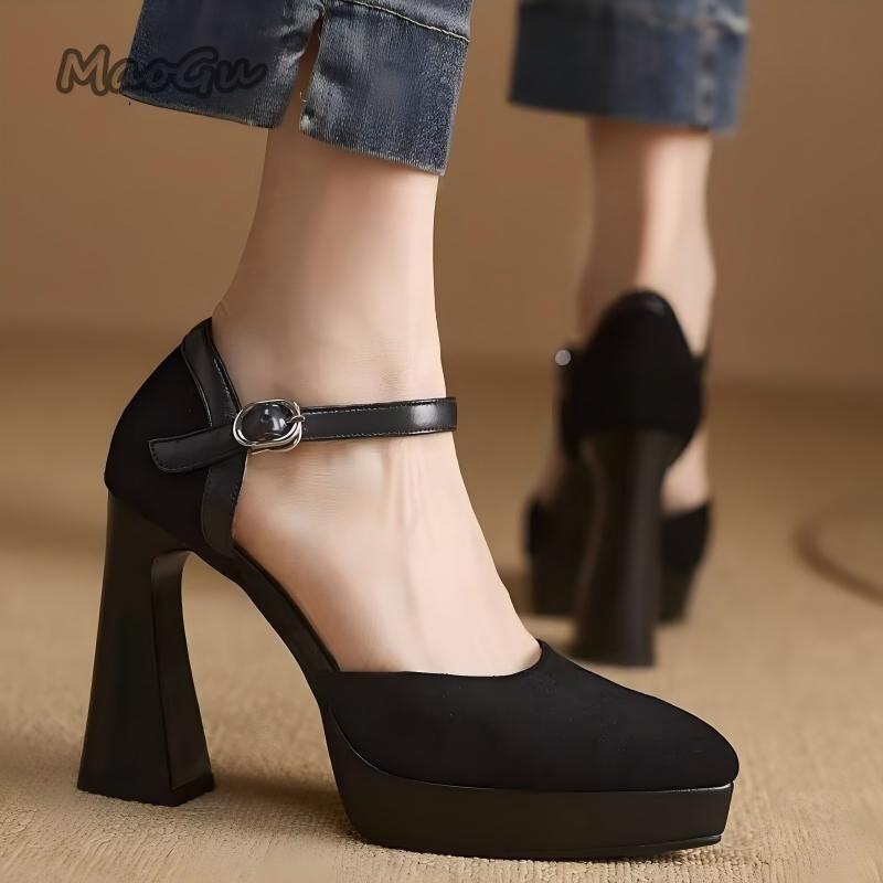 Chunky High Heels Suede Soft Leather Women's Platform Thick Sole Pointed Toe Pumps for Women Office Ladies Daily Footwear Size34