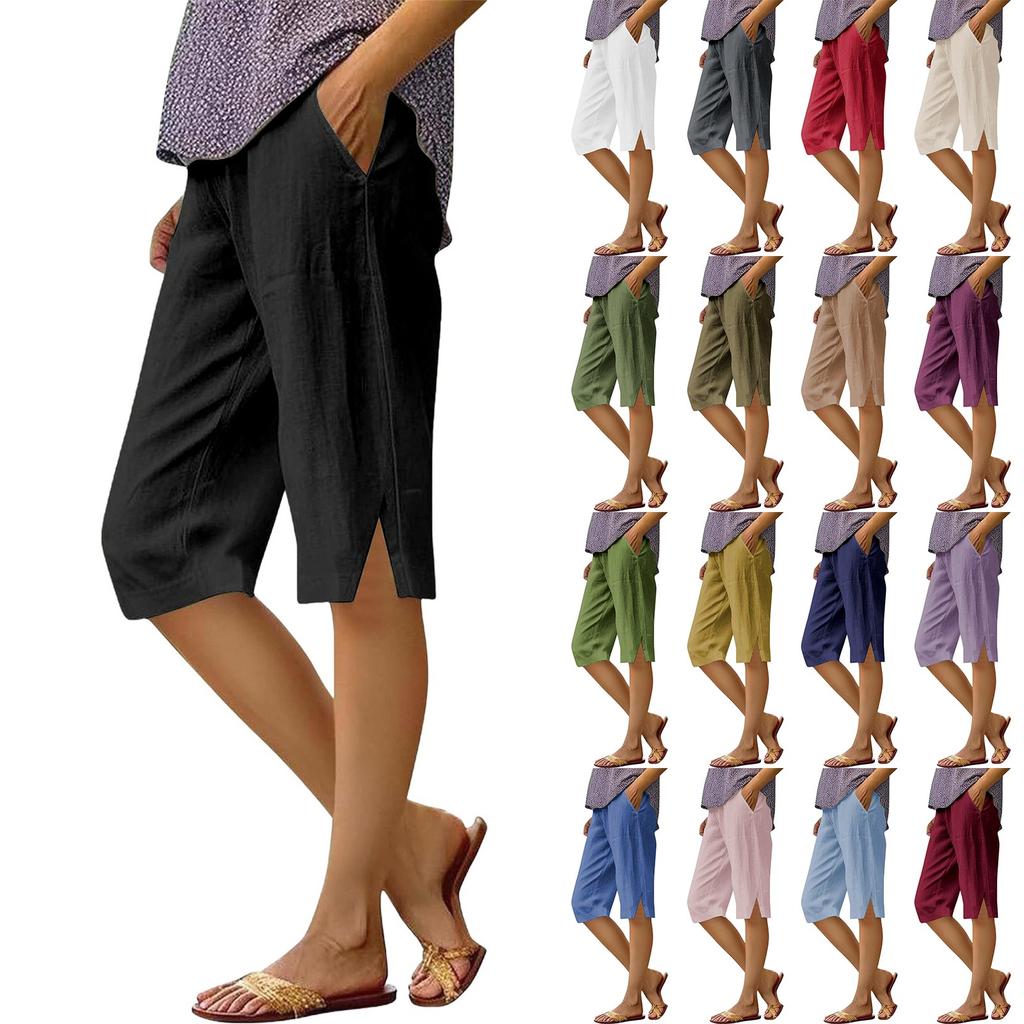 Women's Fashion Solid Color Loose Pocket Elastic Waist Cotton Linen Casual Five Pants