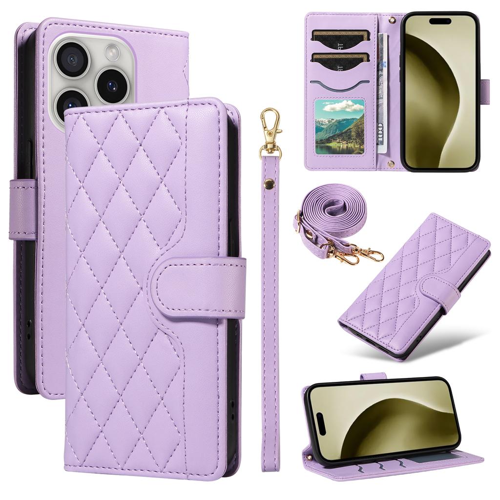 For iPhone 16 Pro Crossbody Case Rhombus Flip Leather Handbag Phone Cover