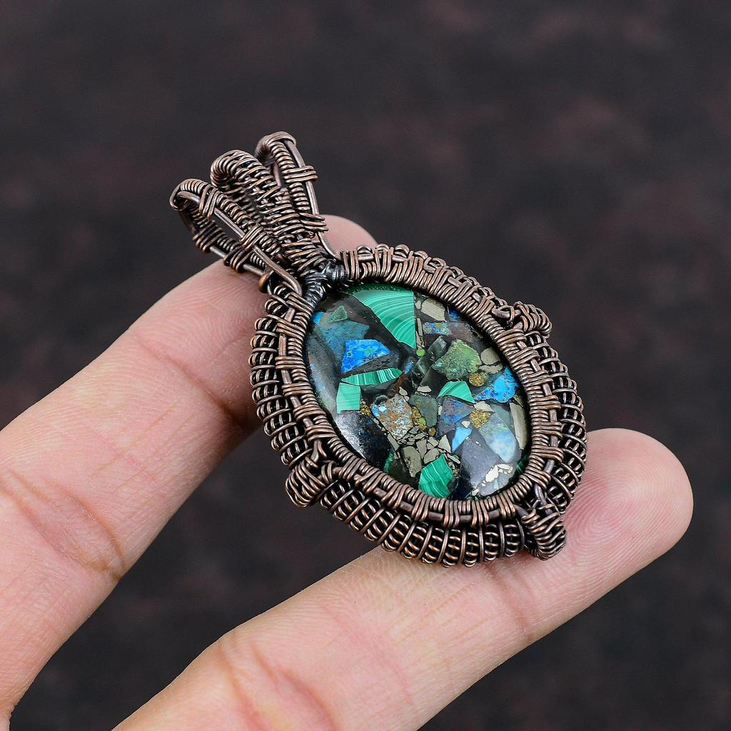 Copper Azurite Malachite Pendant Copper Wire Wrapped Gemstone Pendant Handmade Copper Jewelry Brand New Pendant Wire Wrap Jewelry For Gift