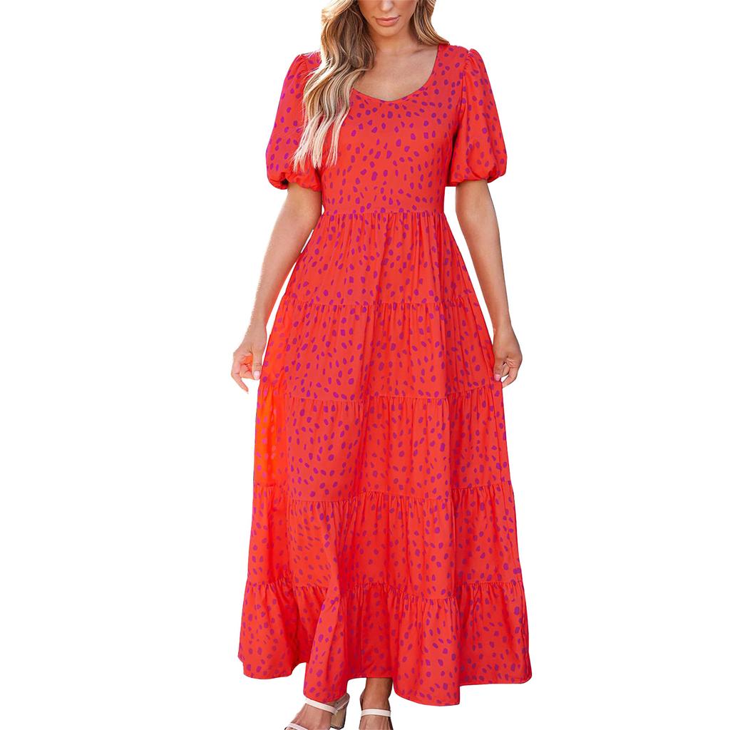 Casual Women's Summer Dresses Puff Sleeve Floral Maxi Dress Gathered Open Back Flowing Layered Beach Maxi Dress