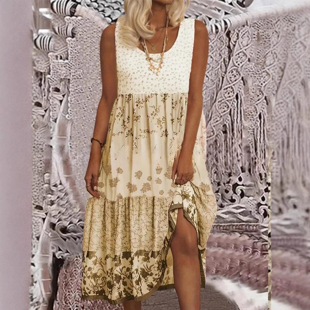 Sleeveless Printed Summer Round Neck Dress for Women