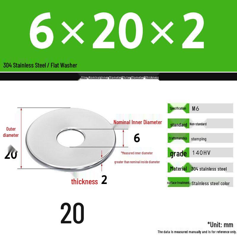 304 Stainless Steel Thickened Flat Washer Set, Sizes 2-36