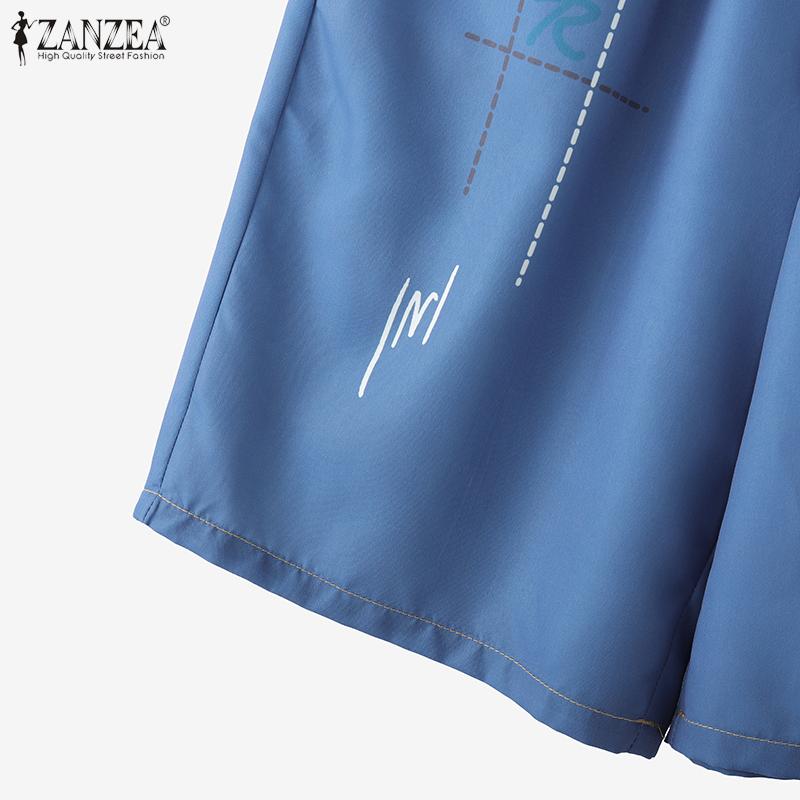 ZANZEA Women Casual Elastic Waist Drawstring Summer Print Short Pants
