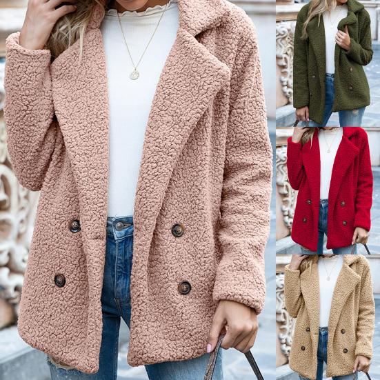 Dámský zimní kabát jednobarevný umělý fleece dlouhý rukáv knoflíky bunda svrchní oděv