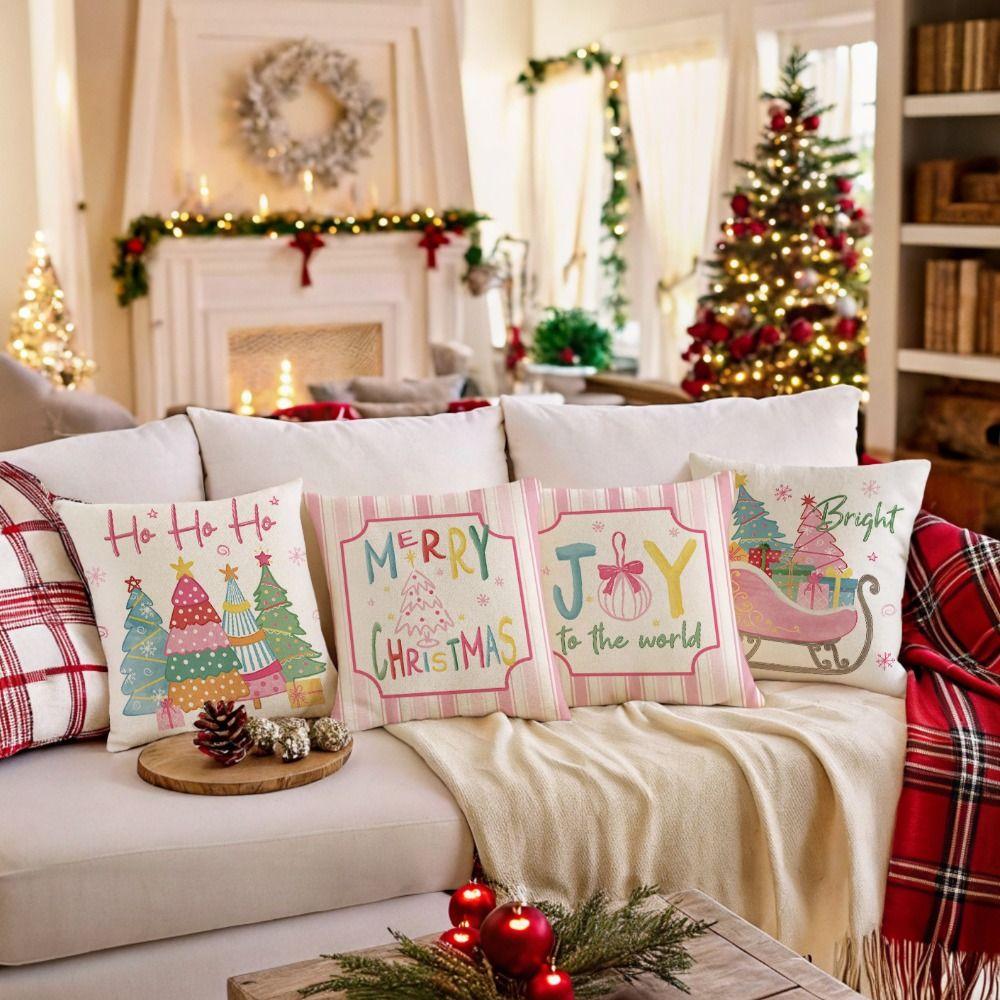 Linen Christmas Throw Pillow Cover Pink Christmas Tree Pillow Cover  Home Decoration