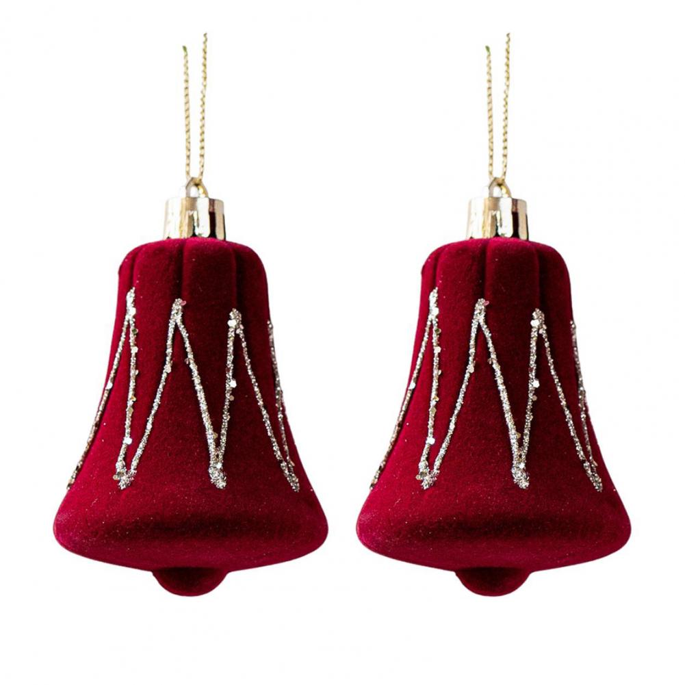 2 Pcs Velvet Christmas Ornaments Shatterproof Glitter Sequins Flocked Bell/Candy Cane/Ice Isicle Hanging Decoration for Home