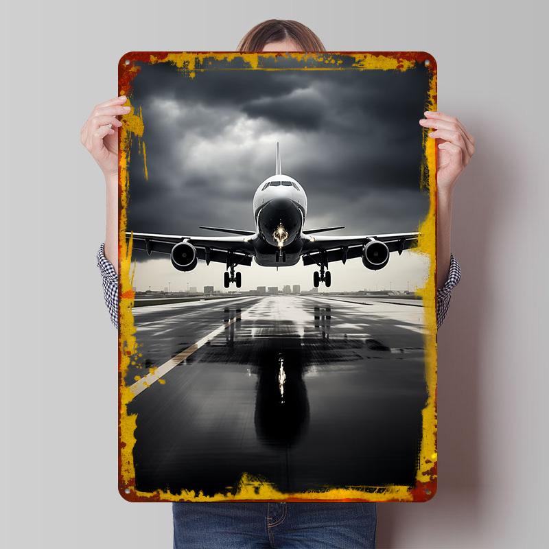 

Airliner Take Off Rainy Printed Poster Customized Wall Art Retro Vintage Metal Tin Signs for Garage Decoration Room Desk Decor 7.9x11.8In(20x30cm)