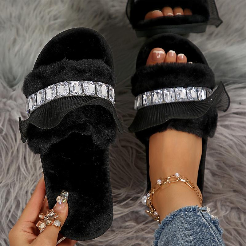 Fashion Rhinestone Detor Cotton Slippers Women Black Faux Fur Plush Slippers for Woman Autumn Winter Light Non Slip Cotton Slides Ladies