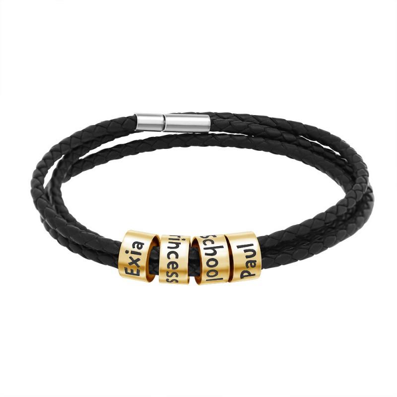 Mens Black Leather Cord Bracelet With Custom Engraved Letters Stainless Steel Beads Adjustable Woven Design Fathers Day Gift
