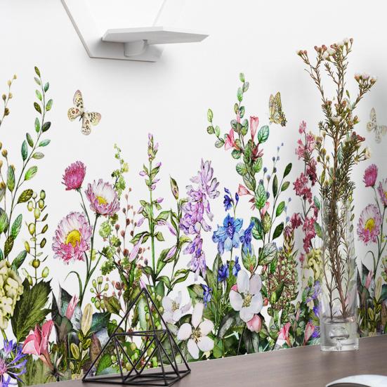 Yousheng 2 Sheets Watercolor Floral Wall Corner Stickers Wildflower Butterflies Green Grass Baseboard Skirting Line Wall Decals for Bedroom Living