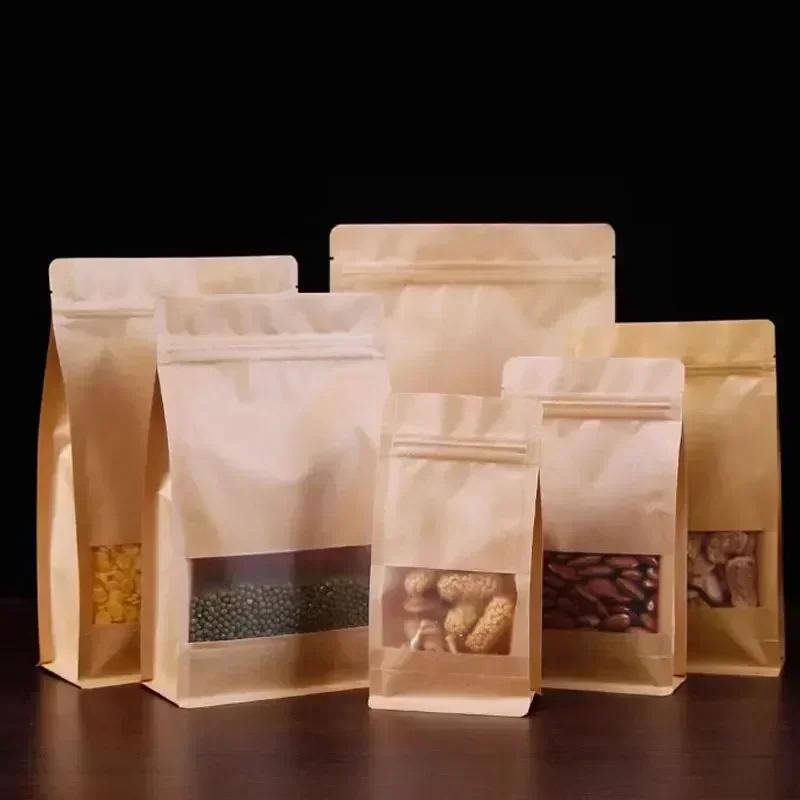 50 шт. расширенные пакеты из крафт-бумаги с боковой запайкой, с матовым окном, стоячие, для упаковки чая и орехов, запаиваемые, влагостойкие, с зип-застежкой, пакеты для демонстрации 10X20x6cm