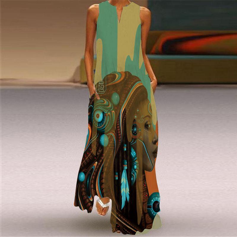 

2025 Spring/Summer New Arrival Dress Women s African Retro Style Face Figure 3D Print Ethnic Style Photo Dress