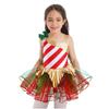 Girls Carnival Cosplay Costume Asymmetrical Shoulder Sleeveless Stripes Print Sequins Adorned Mesh Dress Bodysuit