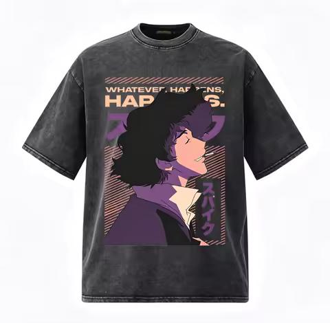 Anime Cowboy Bebop Spike Spiege Grafické Tričko Vintage Prané Nadměrné Trička Pánské Dámské Krátký Rukáv Bavlna Měkká Trička