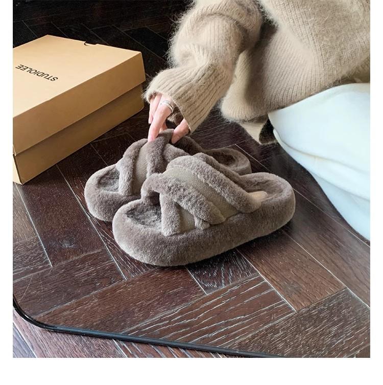 Grape Mother of the Same Style, Fluffy Cross Belt Splicing Warm Casual Style Thick-bottomed Slippers Women's 2025 Autumn and Winter New Models
