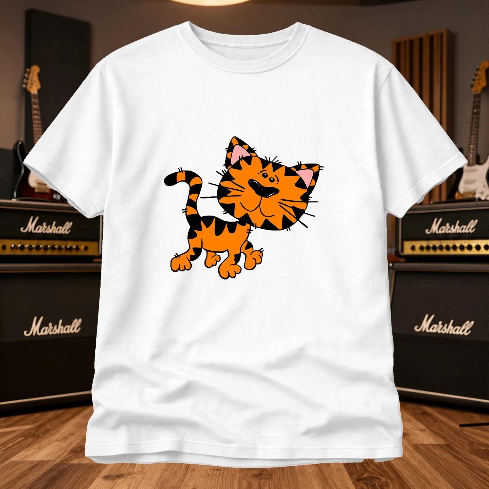 Cute Cartoon Tiger Cat T Shirt Funny Orange Kitty Animal Graphic Tee Gift Kids XL