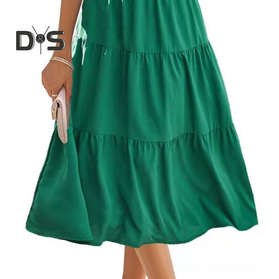 Damen Kurzarm-Smocked-Midikleid, Sommer-Rundhalsausschnitt, plissiertes langes Kleid, lässiges, gestuftes, fließendes A-Linien-Kleid