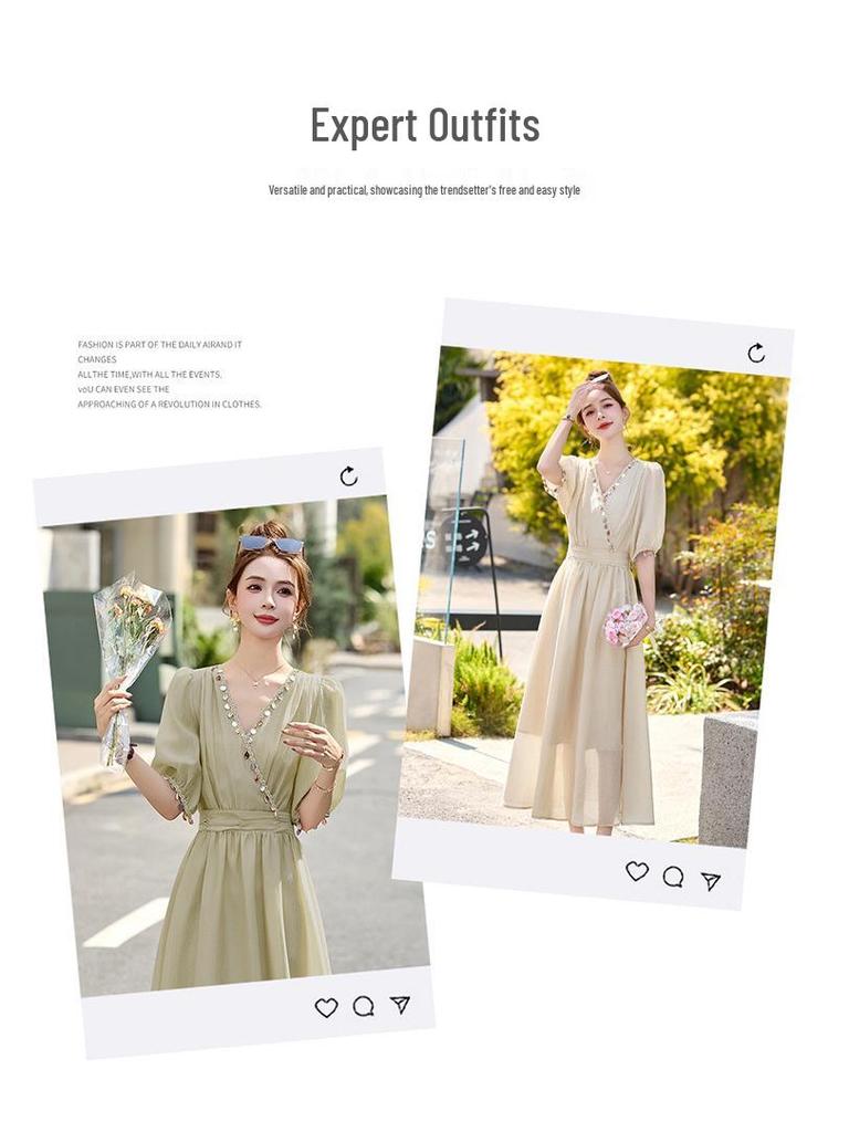 2025 Sommer Elegantes V-Ausschnitt A-Linien Kleid mit Einsätzen und hoher Taille ZQ2525