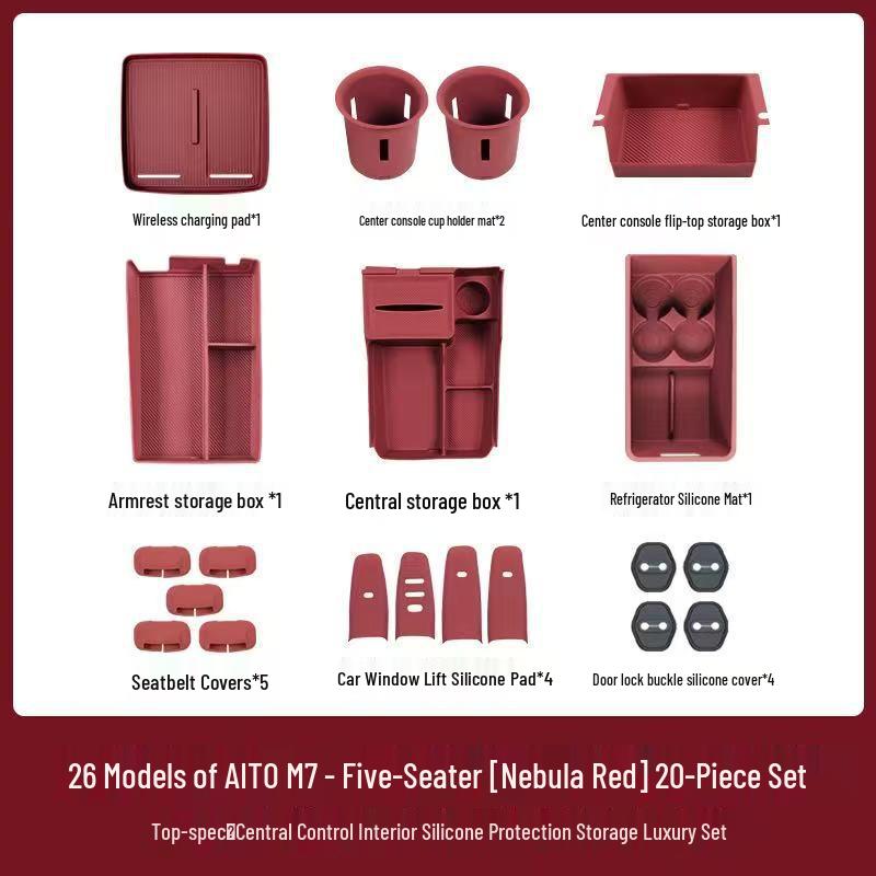 Compatible with 26 AITO M7 models, this silicone car interior set features wireless charging capabilities and decorative modifications.