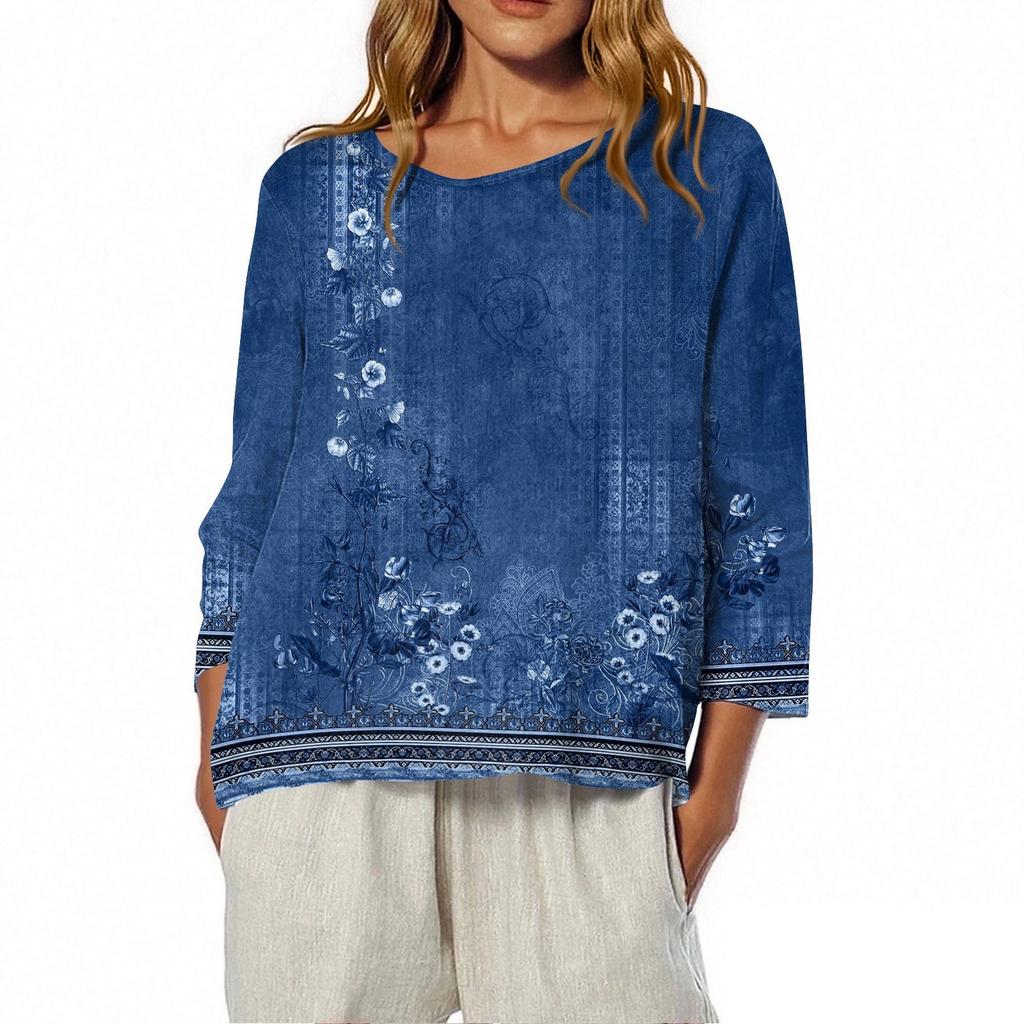 Dam O-ringad 3/4-ärmad tryckt topp T-shirt