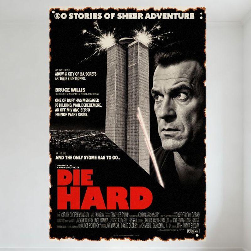 

Vintage Die Hard Movie Metal Tin Sign, 60 Stories of Sheer Adventure, Twin Towers Skyscrapers Design, Hollywood Thriller Home Ba 20x30cm（7.8x11.8inch）