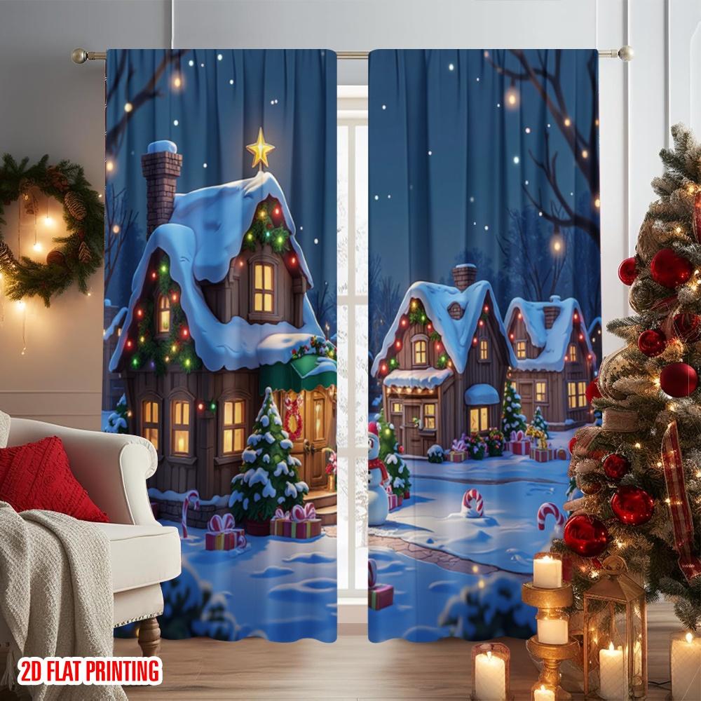 2pcs 2D flat printing Merry Christmas Curtains Candy Shop Snow Christmas Durable polyester fiber Festive Wall Decor for Indoor