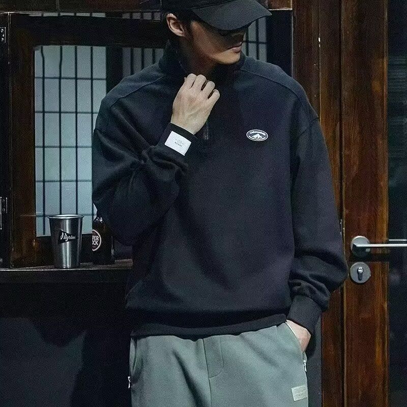 Spring Autumn Loose Long Sleeve Half Zipper Polo Shirts Men American Style Streetwear Chic Sports Vintage Casual Epaulet Hoodies