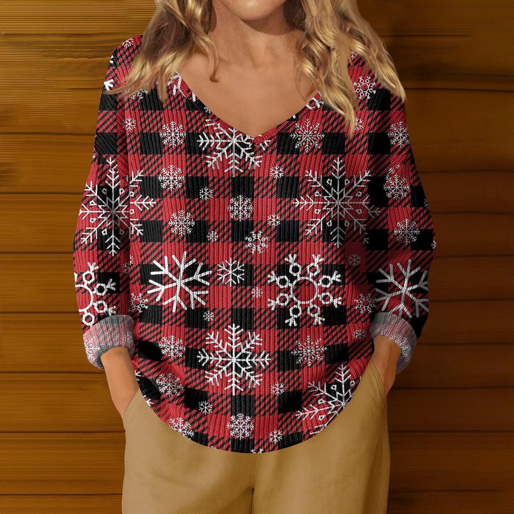 Damen Casual V-Ausschnitt Langarm Strickpullover mit Weihnachtsprint