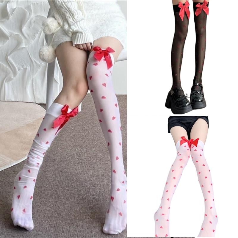 Women Bowknots Heart Thigh High Stockings Over the Knee Socks Sheer Nylon Stockings Valentine's Day Gifts
