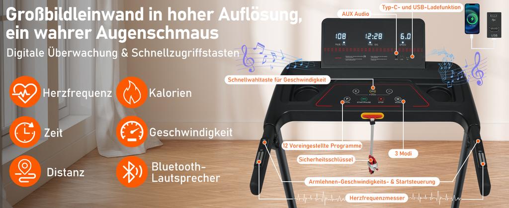 Loopband, 3,0 PK, Opvouwbaar, 14 km/u, 8% Helling, 120 kg, Hartslagsensoren, Type-C/USB Laadstation, Bluetooth, Dubbele Besturingsmodus, 12 Programma's
