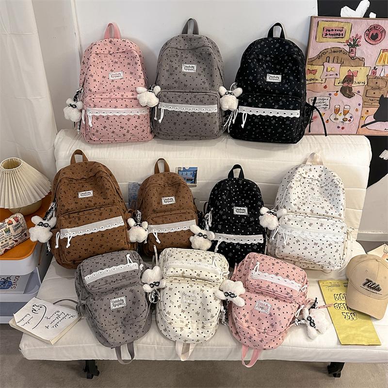 College Style Bow Print Schoolbag Women's Corduroy Backpack Large Capacity Student Backpack