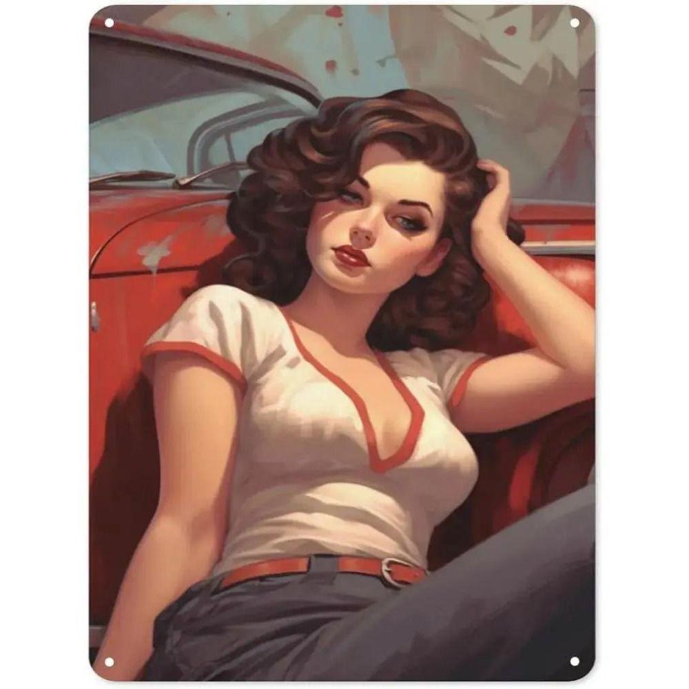 Retro Pinup Girls Classic Cars Metal Sign Wall Decor Garage Bar