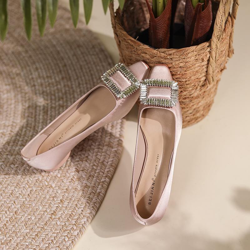 Classic Rhinestone Square Buckle Thick Heel Single Shoes Women's Satin Silk Low Heel Flats Temperament Sheepskin